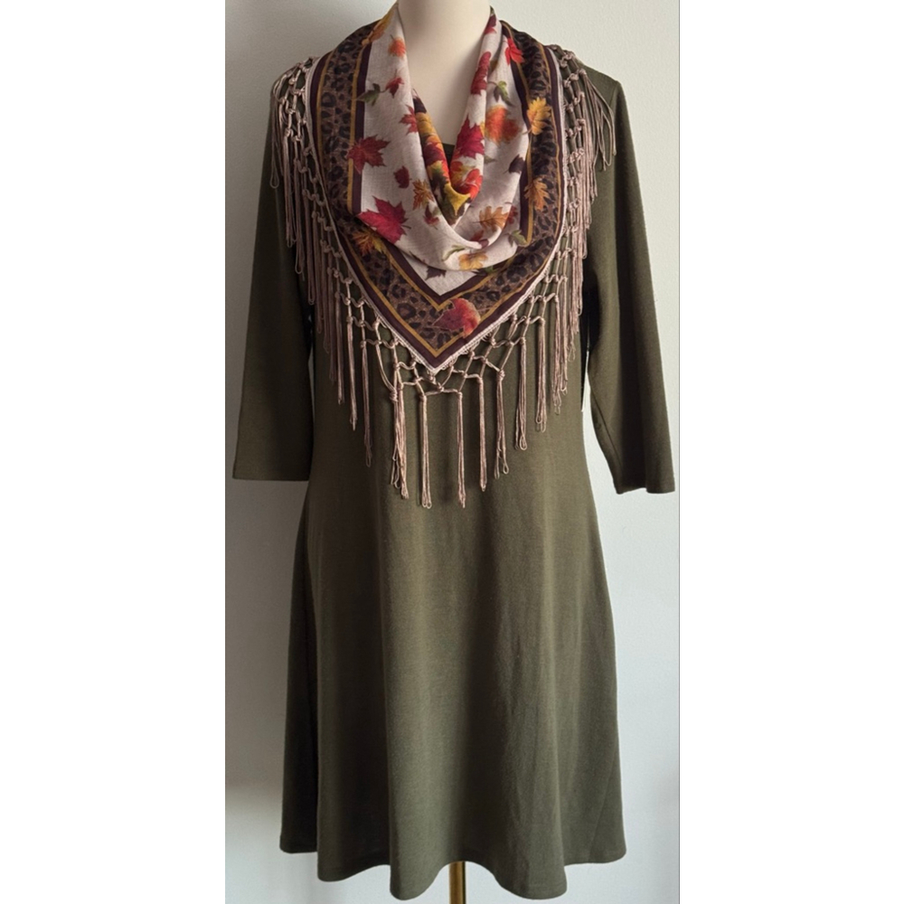 Women's Cactus + Pearl Green Long Sleeve Scarf Dress M